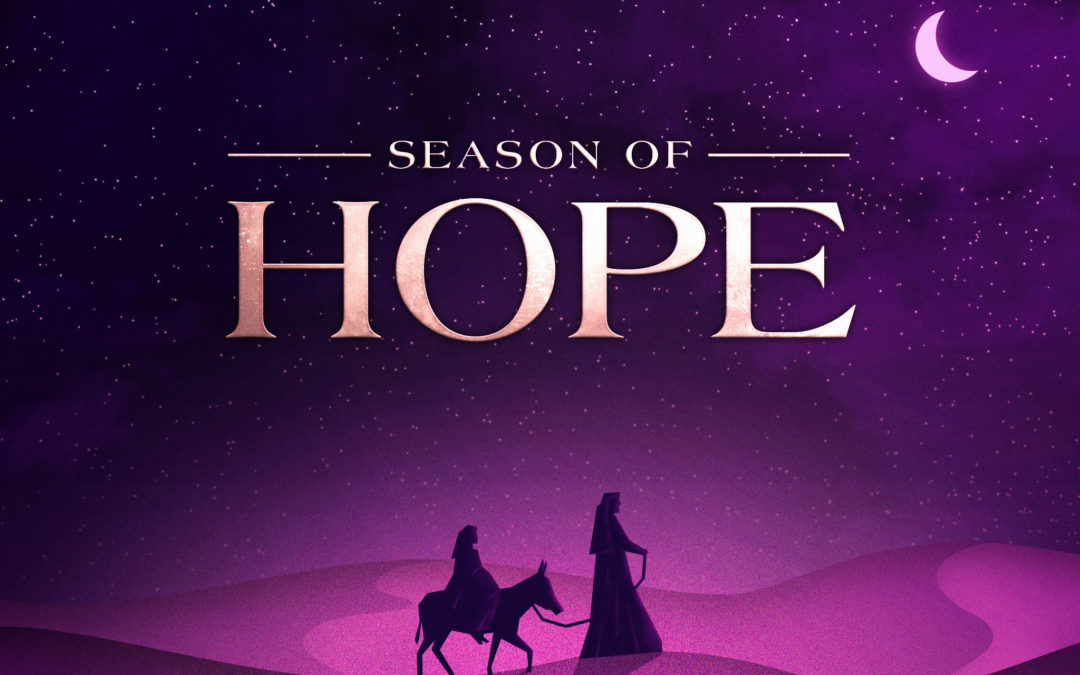 Season of Hope, Joseph and the pregnant Virgin Mary travel with donkey to Bethlehem.